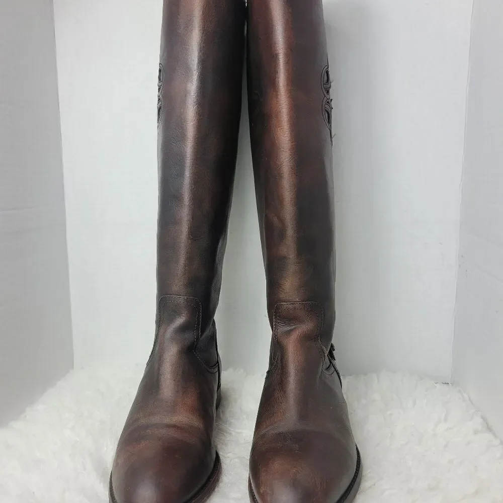 Frye Lindsay Womens Boots Size 8.5 Logo Embroidered Brown Riding Back Side Zip